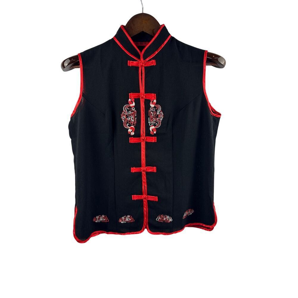 Women’s Large Black Asian Style Blouse w/ Red Embroidery